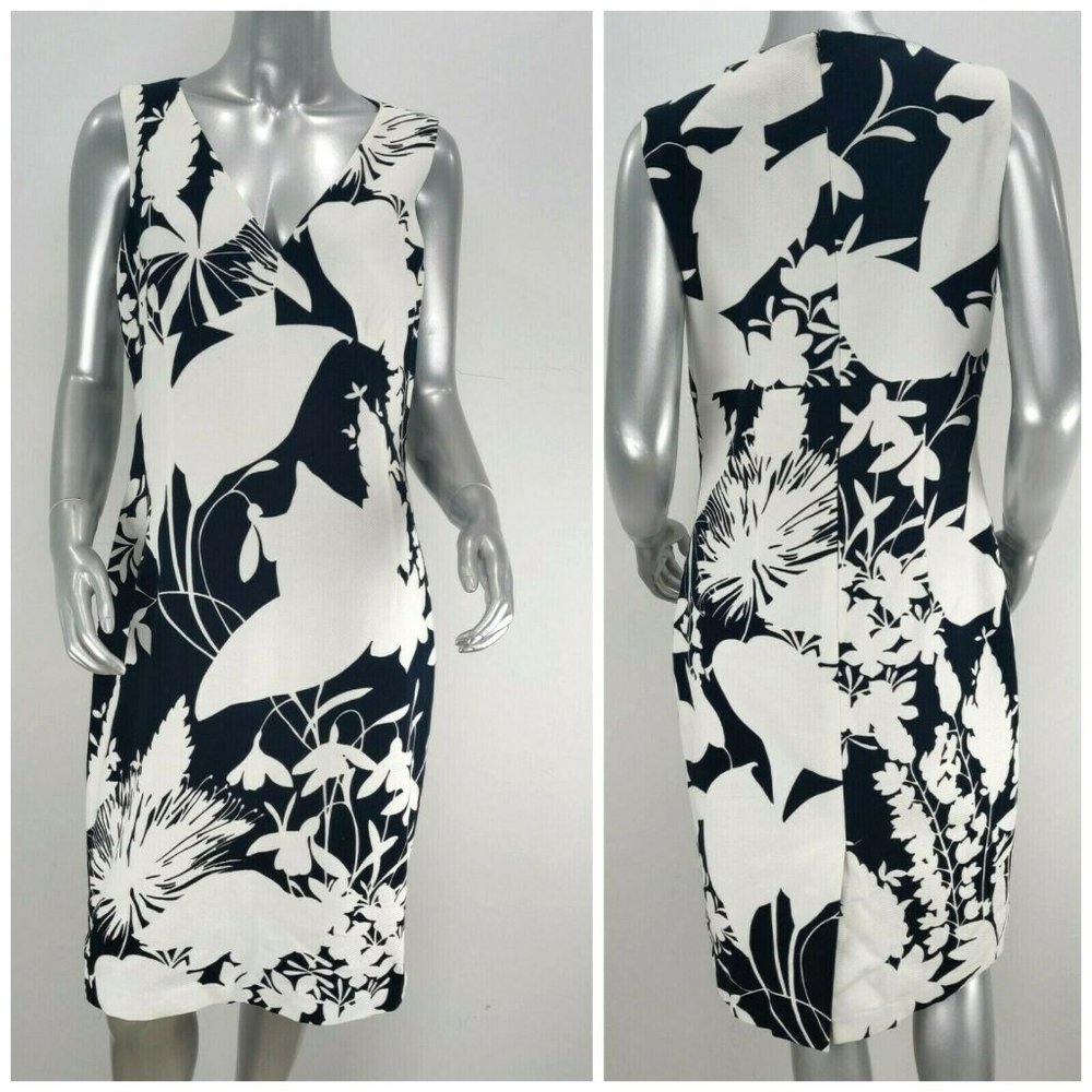 Michael Kors Collection Italy Size 10 Sheath Dress Lined Floral White Black